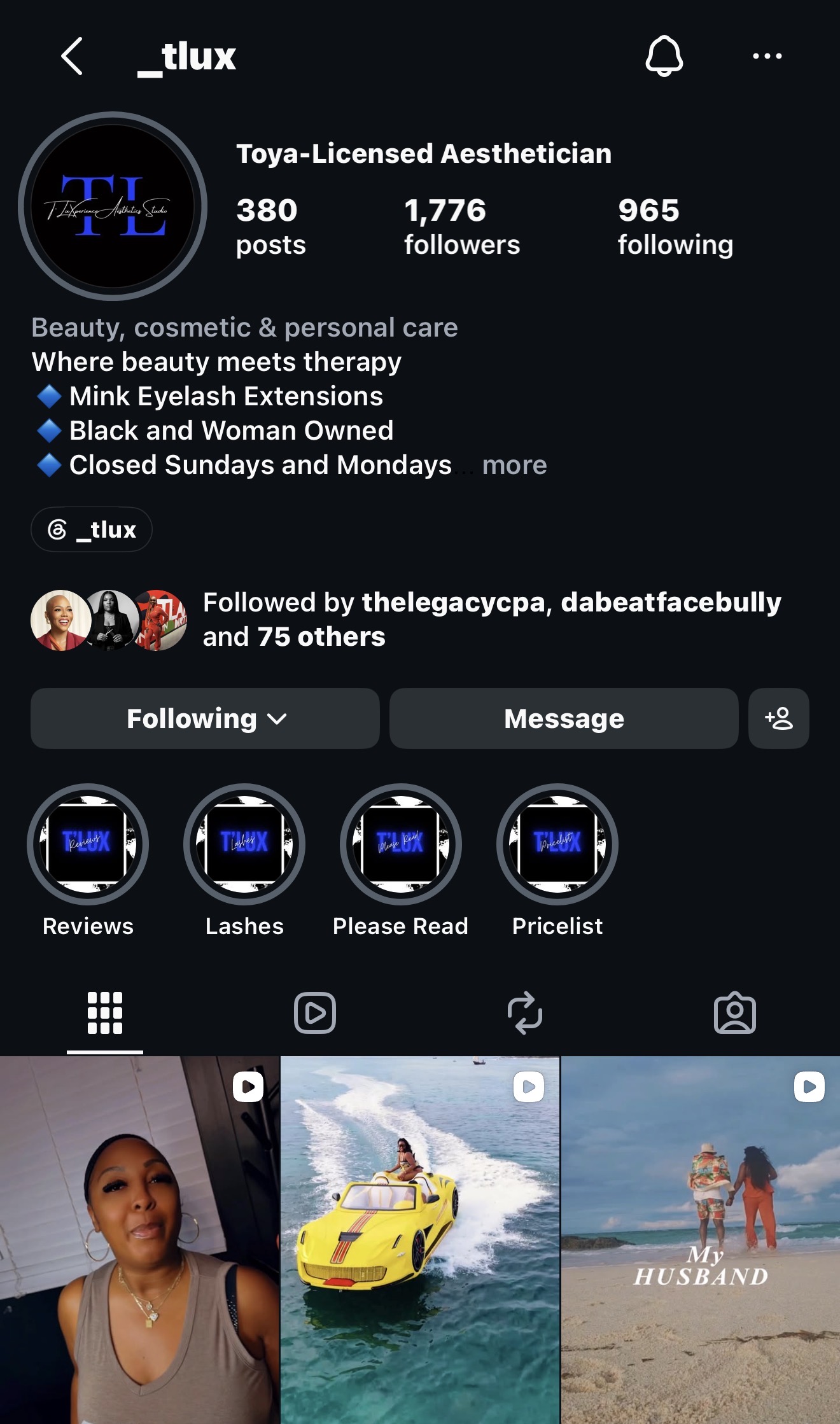 Toya’s Instagram profile showing the @_tlux username and T’LuXperience business details